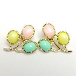 Vintage Sarah Coventry Pastel Colorful Cabochon Clip On Earrings, Signed Estate